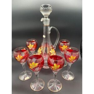 Vintage Crystal Wine Pitcher/Decanter, 6 Stemware Glasses/ Ruby Flash Romania‎